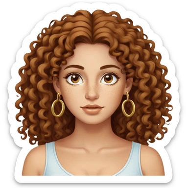 Attractive Greek woman with a wide face, freckles, long curly brown hair and gold hoop earrings sticker