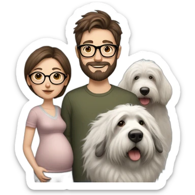 Hyperrealist Pregnant girl with half long brown hair with glasses, a boy with long beard, glasses and short hair and english sheepdog sticker