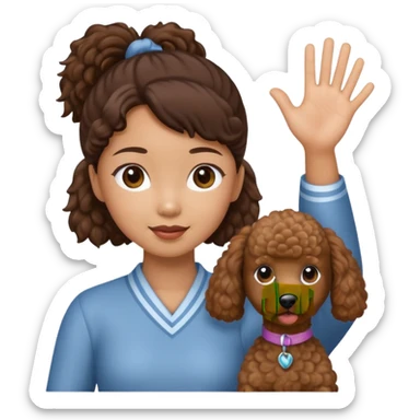 A Asia pony tail girls and brown poodle Say goodbye sticker
