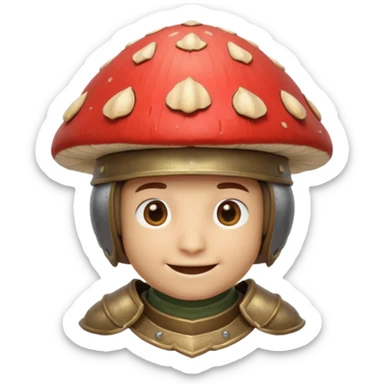 mushroom knight portrait, head and shoulders only, helmet made entirely of a large mushroom cap, textured mushroom surface, tiny fantasy armor collar, heroic smile, magical forest vibe, 3D cartoon, mobile game icon style, clean background, no text, no watermark
 
 sticker