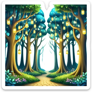 enchanted forest with tall whimsical trees and sparkling lights, fantasy atmosphere sticker