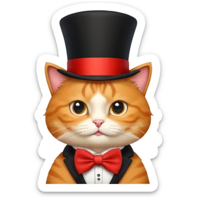 Cute emoji-style orange tabby cat wearing a black top hat with a red band and a red bow tie, big round eyes, fluffy fur, clean mascot style, centered, transparent background, 1:1 ratio. sticker