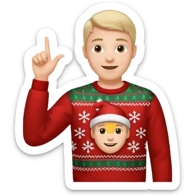 A guy pointing up with one hand and he has a christmas sweater sticker
