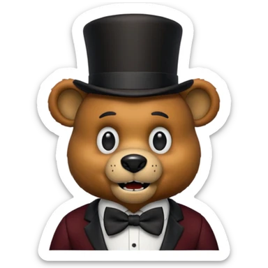 Freddy Fazbear from Five Nights at Freddy's as a cute emoji, brown bear animatronic, black top hat, bow tie, friendly expression, simple background sticker