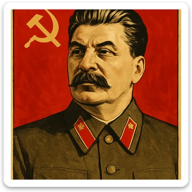 stern portrait of Stalin in a classic Soviet propaganda poster style sticker