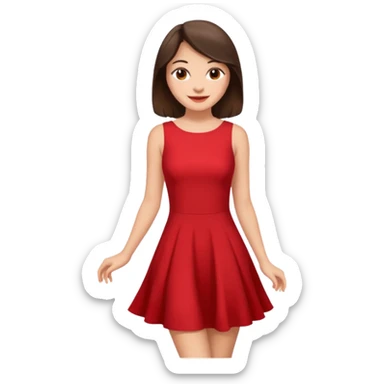 Cartoon emoji of a young brunette woman with fair-medium skin, brown eyes, wearing a red outfit. Full-height, standing confidently in a red dress  posing sexy with a smile and relaxed posture. Smooth, friendly, stylized, make up on, flirty eyes and smile in a sexy position  sticker