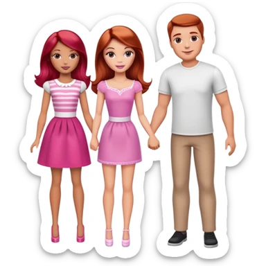 A barbie girl with makeup with brown hair with a child, a daughter, a girl with red hair, holding her hand in  and a husband, a man with brown hair, a family sticker