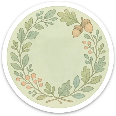 wreath of forest leaves, acorns, and berries in soft pastel Ghibli style, soft green circle sticker, transparent background sticker