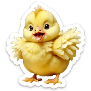 Cinematic Cute Yawning Yellow Baby Chicken Portrait Emoji, Head tilted slightly with a dramatic, wide-open yawn, showcasing a soft, downy yellow coat with little drooping wings, round beady eyes barely open in drowsy contentment, Simplified yet irresistibly adorable features, highly detailed, glowing with a soft, cozy glow, high shine, relaxed yet expressive, stylized with a touch of whimsical charm, bright and endearing, soft glowing outline, capturing the essence of a sleepy yet affectionate chick, so drowsy it feels like it could stretch out of the screen and curl up for a nap! sticker
