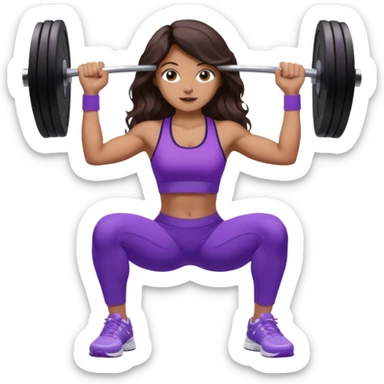 mujer de tez trigueña, con cabello castaño oscuro ondulado no muy marcado, hasta la cadera super largo estilizado, con ropa deportiva morada/lila, tenis blancos deportivos y levantando una pesa sticker