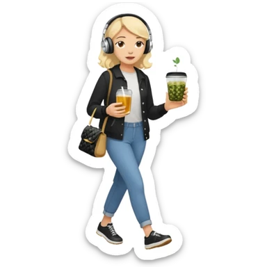 a young woman full length walks with headphones on with a caviar sandwich in one hand and herbal tea in the other hand sticker