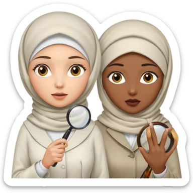 one wite hijabi one dark skin with her hair  out and hand lens and hat like true private inbestigators sticker