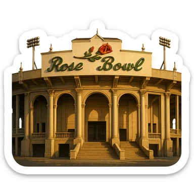 cinematic realistic emoji of the Rose Bowl Stadium with majestic ornate architecture, lifelike detail, regal lighting, including its iconic sign, accurate colors, transparent background sticker