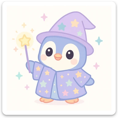 cute penguin wizard with a starry robe and a glowing wand, magical sparkles around, adorable and enchanting sticker