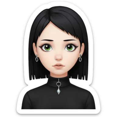 goth girl, straight black hair, verticals labret piercing, black mock neck shirt sticker
