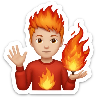 A boy with no hands fire instead made out of red fire and the boy is wearing a shirt that says FIRE C sticker