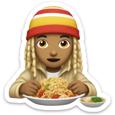 Lightskin with beanie and blonde dreads, eating Asian food sticker