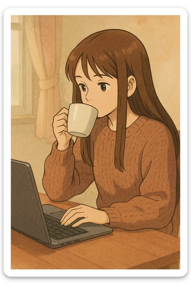 young 20-year-old woman with long straight brown hair, wearing a sweater, drinking coffee and working on a laptop, ghibli style, soft background sticker