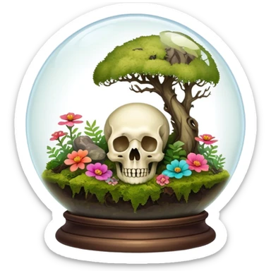 Mystical woodland glass-dome-terrarium-globe with moss and an animal-cadaver-skull and flowers inside  sticker