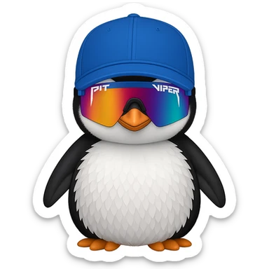 Add Pit Viper style sunglasses to the baby penguin with a baseball cap. Remove the background. Maintain the original style and look of the penguin. sticker