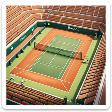 A tennis court at the Roland Garros tournament, with the iconic clay surface and a tennis ball bouncing near the net. The scene evokes the energy and excitement of the grand event, with vibrant crowds in the stands and a competitive atmosphere. sticker