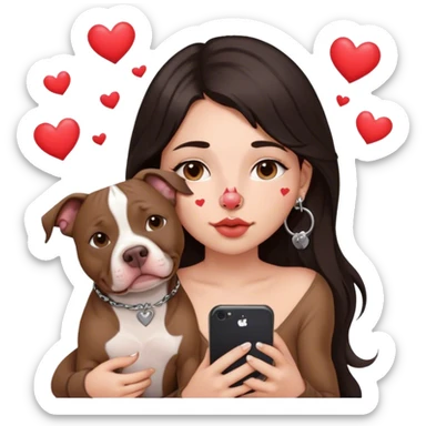 Young girl, with long dark hair, kind of chop you around her face holds her phone sitting by her pitbull. She has a small septum ring in her nose and heart fly all around her. sticker