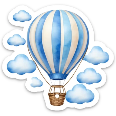"A dreamy hot air balloon with blue and white stripes, floating among soft clouds, watercolor aesthetic." sticker
