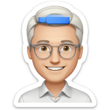 30 yr old pale white man, white/grey side swept stylish hair, round glasses, big smile, white teeth, handsome, longer hair, thin glasses, white dress shirt, smooth forehead, botox, no tie, open collar sticker