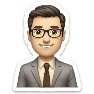 Pale skinned fit man with dark brown hair in gray jacket, beige office shirt, brown tie, brown pants and vintage glasses Writing on the marker board sticker