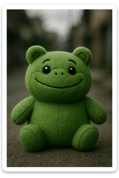 green plushie with a teddy bear-shaped body and a frog's face, round and huggable, with stitched details sticker
