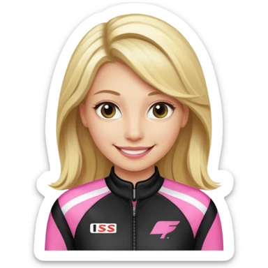 blonde long hair woman with black racing outfit with pink strips sticker