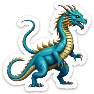 Mušḫuššu, official blueprint: long scaled dragon-serpent body, lion forelegs with feline paws, bird-like hind legs with talons, long neck, dragon head with horn or crest, lizard tail, blue or turquoise, lion-like mane, ancient and regal but terrifying sticker
