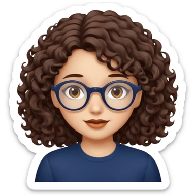medium fair-skinned girl with brownish hazel eyes, roundish ovalish dark navy glasses, wavy curly choco brown hair, winking sticker