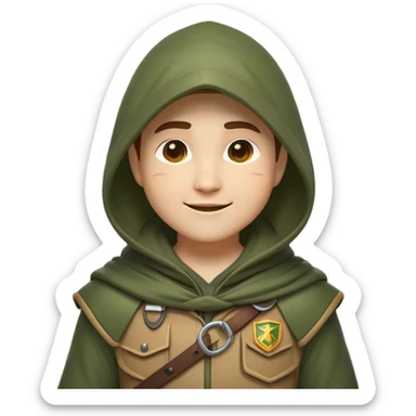 Clash of Clans aesthetic Cheerful Ranger Portrait Emoji, With a bright, confident expression and an alert, relaxed stance, showcasing a streamlined, rugged build in natural tones with a hood and cloak blending with the forest, his face in natural skin tone, Simplified yet expressive features, highly detailed, glowing with a soft, luminous woodland radiance, high shine, upbeat and brave, stylized with an air of classic forest heroism, soft glowing outline, capturing the essence of a cheerful ranger ready to embark on epic woodland quests! sticker