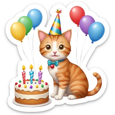 Ginger tabby kitten celebrates birthday, birthday hat, birthday cake, balloons, happy, gifts sticker