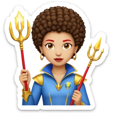 Emoji metisse femboy mais plus masculin avec drapeau ukrainien arriere plan, un afro, sourcils rouge, fourche trident, et eclairs et sur fond bleu clair irrisé. Peau lightskin, yeux marron et cheveux marron bouclés mais en mode afro pixi cut sticker