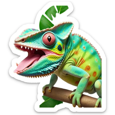 cinematic giant-tongue out chameleon-realistic emoji, mouth wide open with tongue out, -blending-with-vibrant-greenery.-detailed-scales-in-shifting-colors,-showing-the-chameleon’s-ability-to-camouflage.-soft-natural-light-highlights-its-texture.-light-background, zoomed into its face sticker