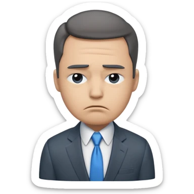 emoji character wearing a dark grey suit, white shirt, and blue tie. face has a very sad, disappointed expression with drooping eyebrows and half-closed eyes His posture is dejected, with slumped shoulders. he just rejected from his interview to get a job sticker