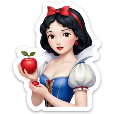 Cinematic Realistic Snow White Portrait, depicted with lifelike skin texture, soft natural lighting, and intricately detailed black hair styled with a red ribbon. Her soft brown eyes radiate innocence and kindness, complemented by a warm, gentle smile. She holds an apple in one hand, her other hand resting against her cheek, embodying her purity and charm. She is dressed in her classic yellow, blue, and red gown, the fabric rich in texture with delicate folds that catch the light beautifully. The portrait features a soft, natural glow with a radiant finish, capturing the essence of timeless beauty in a realistic and painterly style. sticker