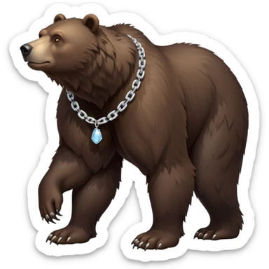 Full-body dark brown bear on all four legs looking slightly forward, complete view from head to tail, very realistic fur, ice chain necklace sticker