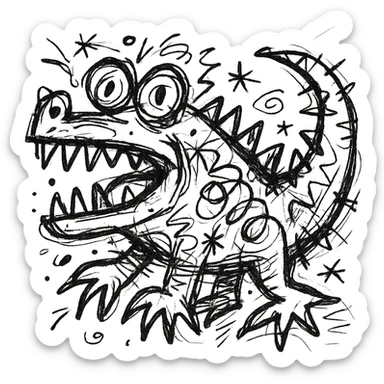 hand-drawn outlined crocodile with a quirky, chaotic design sticker