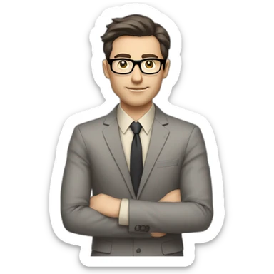 Full height Pale skinned Fit Man With dark brown hair in classic gray suit, beige office shirt, dark gray tie, and vintage glasses. His hands lock sticker