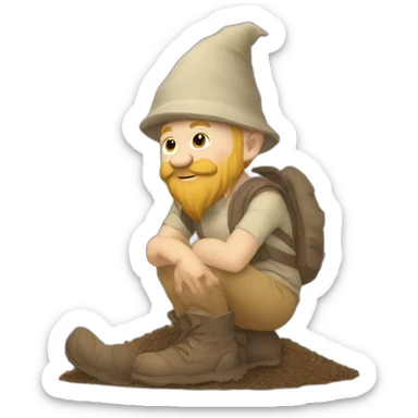 side view of gnome with light tan pants and light tan boots squatting in front of small dirt pile sticker