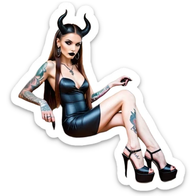 Sensual queen long brown straight haired mafia woman with black shiny platform high heels on her feet, black devil horns on her head, tattoos on arms , holding a human dead man skull. in the back seat of a large big new model F350 pickup truck full of cash wearing long sex dress with big butt sticker