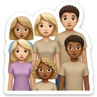 group of people  together ; men and women with one with brown straight hair one with blonde hair and one with black curly hair- short hair, long hair and curly hair wearing beige shirts aesthetic no collar, brown people, white people, black people sticker