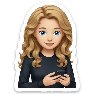 generate a pretty woman with blue eyes, light skin and medium brown long and really wavy shiny hair holding a phone she is looking at the phone while looking down at the screen. she is wearing an ALL black long sleeve. she is smiling sticker