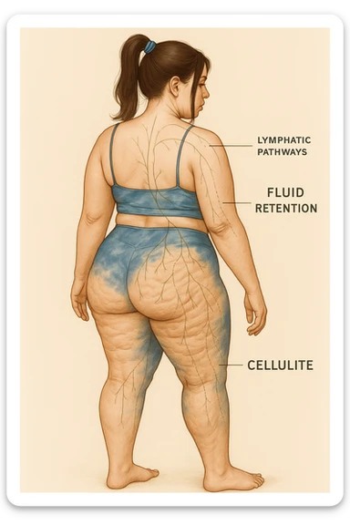 A realistic, anatomical yet artistic illustration of a woman in her early 30s, seen from the back and side, highlighting natural asymmetries of her hips, visible mild water retention and cellulite on her thighs and buttocks, with a soft, non-judgmental, and educational perspective. The skin shows slight dimpling and uneven texture, while subtle anatomical overlays illustrate lymphatic pathways and fluid accumulation zones. The color palette is warm, with natural skin tones and soft lighting, emphasizing a compassionate and body-positive approach. The background is clean, medical yet calming, suitable for educational content about lymphatic health, cellulite, and fluid retention in women sticker