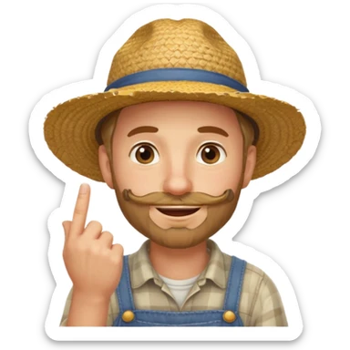 “A single emoji-style character combining 👨‍🌾😄 and 🤔: a smiling farmer man with a straw hat, friendly face, and light beard, holding one hand under his chin in a thinking gesture. His index finger rests under his face, eyes looking slightly upward as if thinking.  sticker