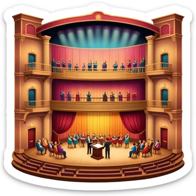 An icon depicting a theater stage with actors performing a play, illuminated by dramatic lighting. The audience watches from colorful balconies, while an orchestra plays in the pit, creating an immersive atmosphere. transparent background. sticker