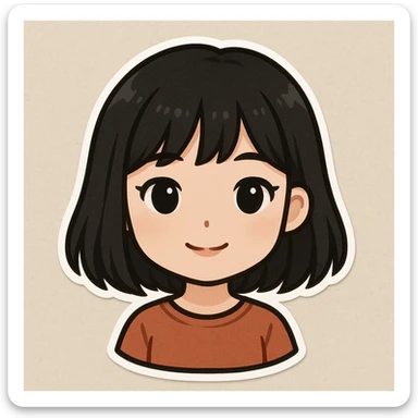 portrait of a girl with black shoulder-length hair, bangs, black almond-shaped eyes, full lips, and straight nose, chibi stickers style sticker